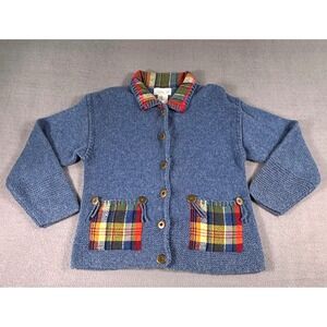 Mandal Bay Knit Cardigan Sweater Plaid Trim Pocket Blue Wool Blend S Cottagecore